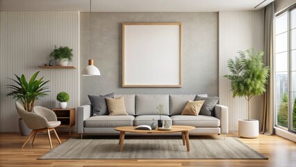 Modern living room with a mockup poster frame on the wall, modern, interior, living room, mockup, poster, frame, wall