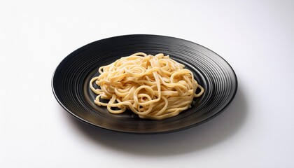 Udon on black plate with white background isolated