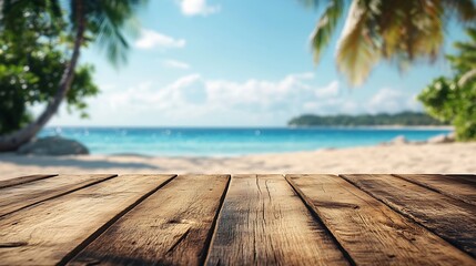 Fototapeta premium Empty summer holidays background Horizontal travel banner for advertising product Wooden table top in front blurred paradise vacation Panoramic empty counter in focus beach and sea on : Generative AI