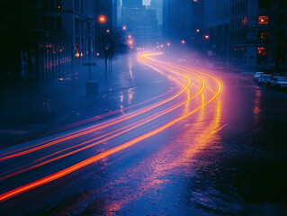 Fototapeta premium Neon lines of light run across a dark background, leaving behind colorful, floating trails.