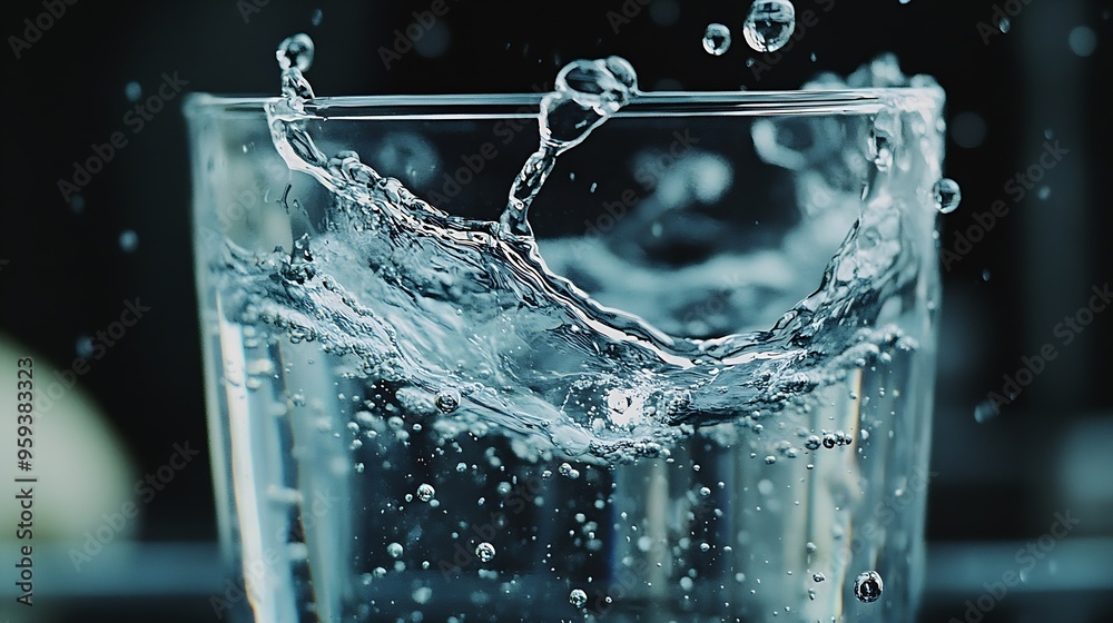 Poster drink clean water in a glass and the bubbles look like splashes and waves : generative ai