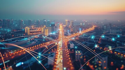 Fototapeta premium Modern City Aerial View and Communication Network Concept: Smart City with Wireless Telecommunication