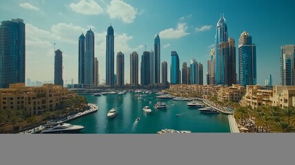 Obraz premium Panorama showing Dubai Marina skyscrapers and JBR district with luxury buildings and resorts aerial timelapse Waterfront with palms and boats floating in canal : Generative AI