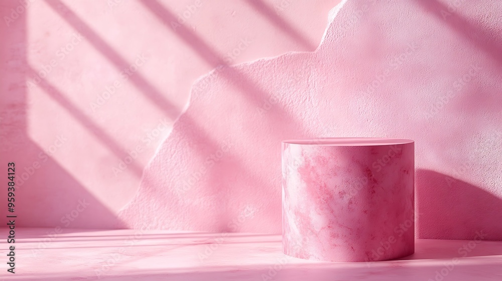 Poster cylindrical stand podium for displaying cosmetics and product on abstract background in pink pastel 