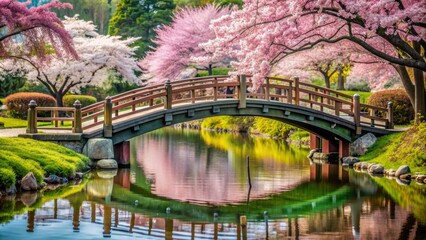 Fototapeta premium Tranquil Japanese garden scene with cherry blossoms and arched bridge, serene, Japanese garden, cherry blossoms, bridge