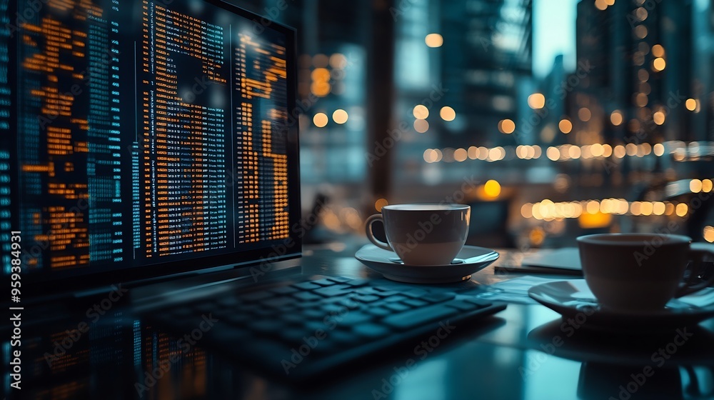 Aufkleber Image of multiple graphs changing numbers empty chair cellphone coffee and keyboard on desk Digital composite multiple exposure report business beverages office and technology concept : Generative AI