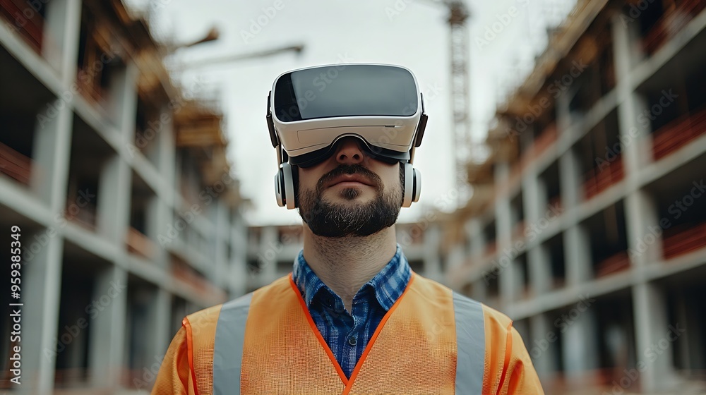 Poster engineer man with virtual reality glasses at construction site : generative ai
