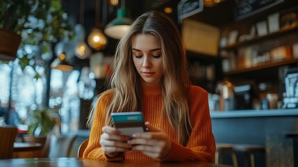 Cropped young woman hold bank payment terminal to process acquire mobile cell phone pay bill sits alone at table in coffee shop cafe relax rest at restaurant indoor Freelance office bu : Generative AI