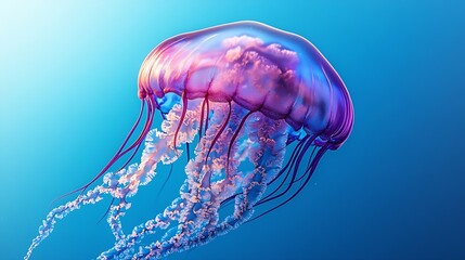 a jellyfish with a purple body and blue tentacles is swimming in the water with a blue background and a blue sky : Generative AI
