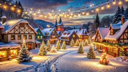 Fototapeta premium Whimsical town covered in twinkling lights and snow with festive decorations, Christmas, winter, holiday, magical, town