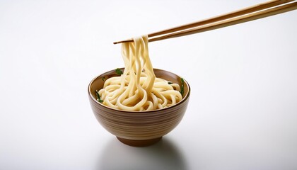Udon with chopsticks on white background isolated