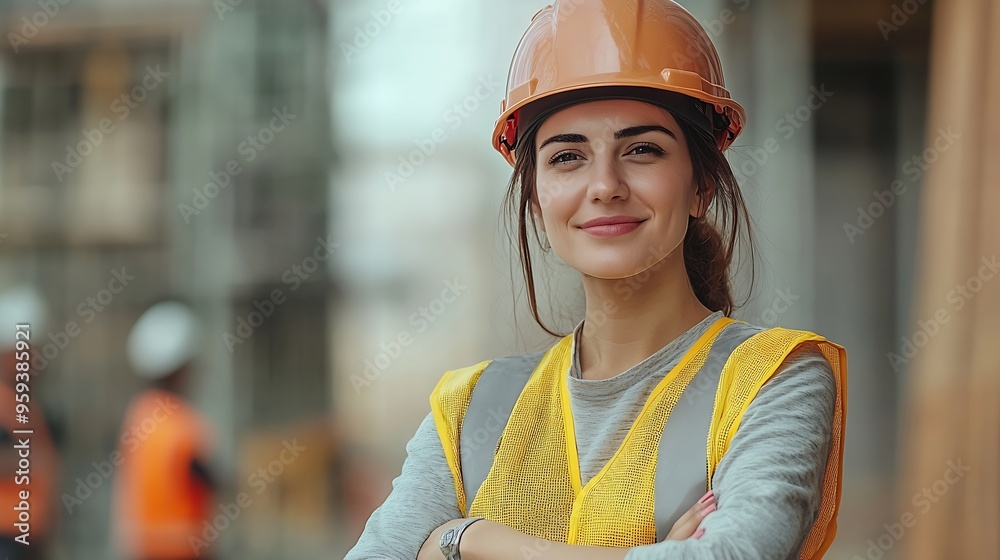 Aufkleber portrait of happy beautiful woman engineer worker with safety vest and helmet stands with arms cross