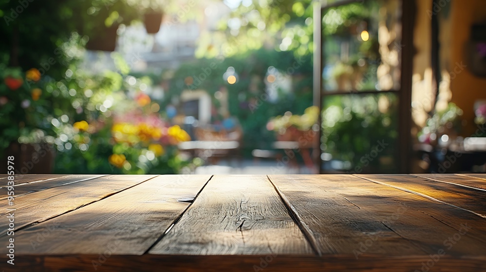 Poster wooden table with a blurry coffee shop or cafe scene behind including a large window view of a vibra