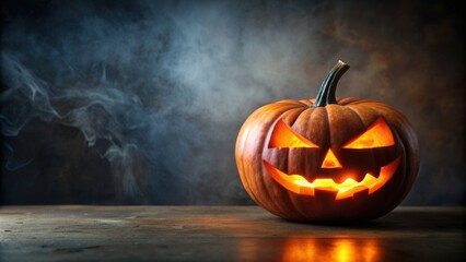 Spooky Halloween pumpkin with glowing eyes and mouth on a dark background, scary, pumpkin, Halloween, decoration, creepy