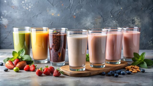 Variety of protein shakes in tall glasses with assorted ingredients , protein, shakes, glass, ingredients, health