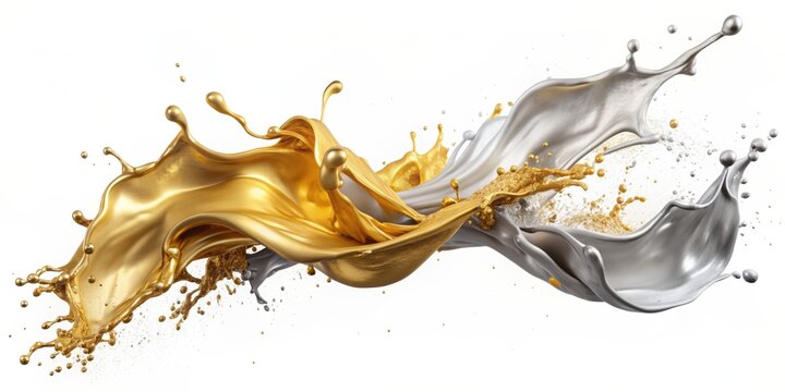 Metallic paint splash in silver and gold on a white background, metallic, paint, splash, silver, gold, abstract, texture