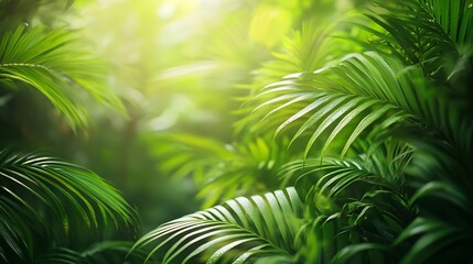 closeup of lush green tropical vegetation jungle with palm leaves in sunshine beauty in tropical nature banner concept for wallpaper travel vacation : Generative AI