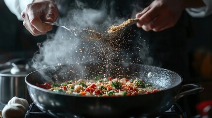 The cook adds dry seasonings to a pot of boiling food Retsoran kitchen cooking concept with advertising space on black background : Generative AI