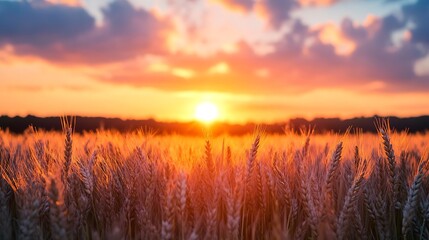 Fototapeta premium A selective focus shot of a sunset over a barley field : Generative AI