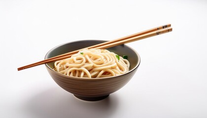 Udon with chopsticks on white background isolated