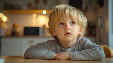 Fototapeta premium A cute blondhaired boychild is sitting at the kitchen table waiting for his mother to cook food and watching TV : Generative AI