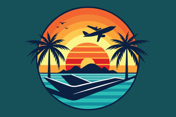 logo for a travel agency sea beach sunset plane J.eps