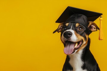 Happy dog in a graduation cap against a vibrant yellow background celebrating the joy of education and learning