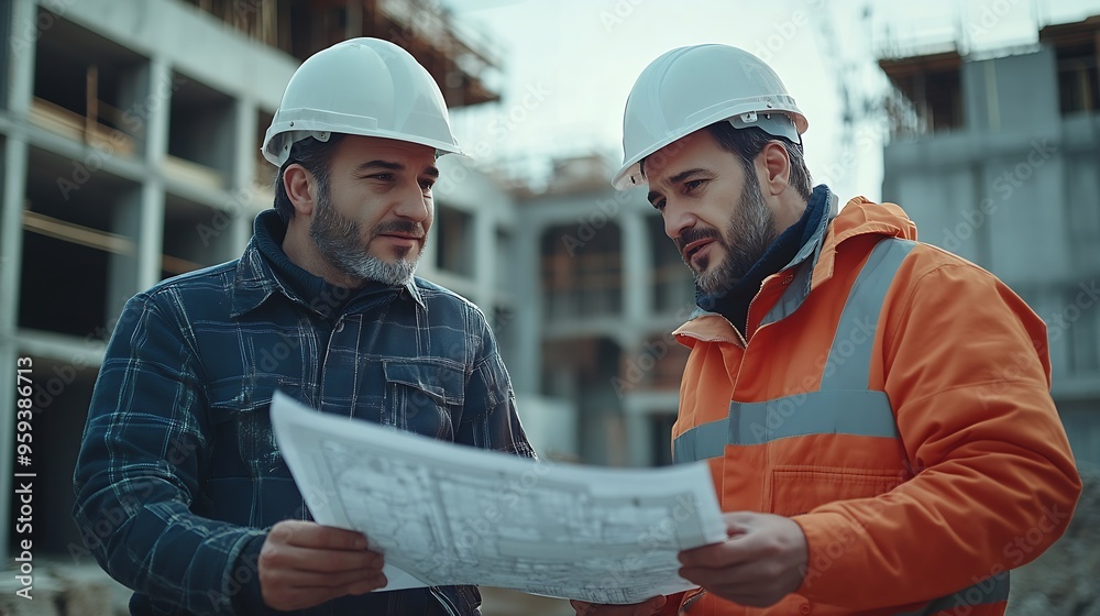 Poster Engineer and foreman worker team with blueprints checking project at the precast concrete factory site Engineer and builders in hardhats discussing on construction site : Generative AI
