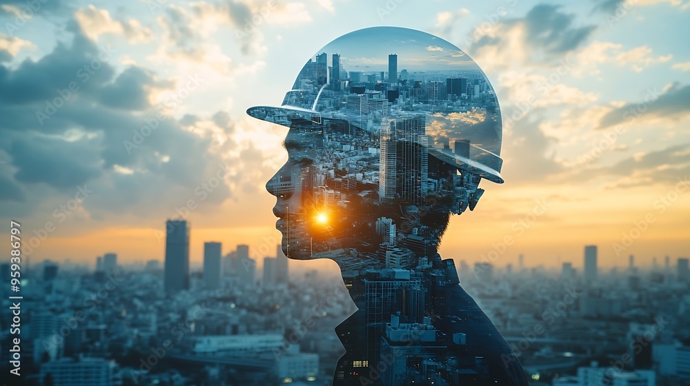 Poster The double exposure image of the engineer thinking overlays with cityscape image with copy space The concept of engineering construction futuristic and industry : Generative AI