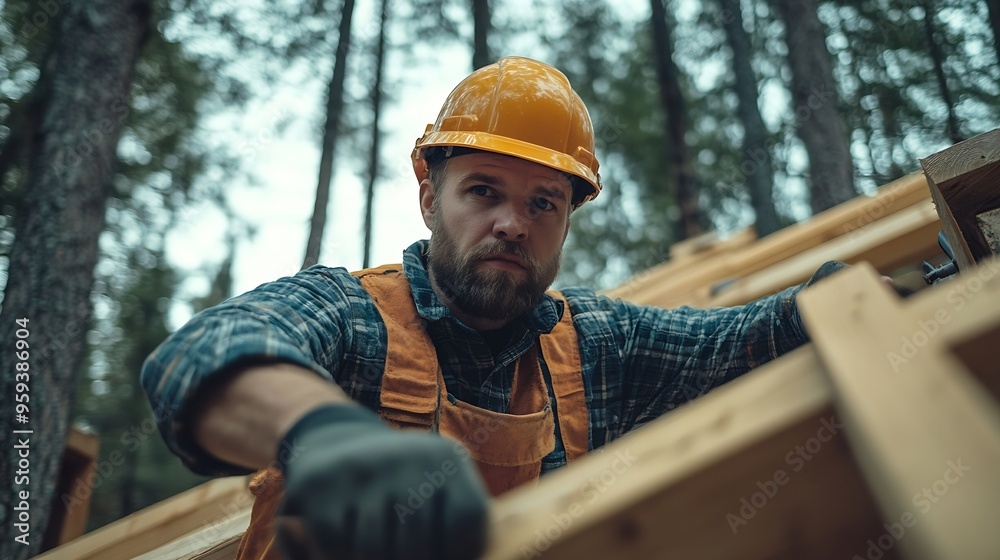 Poster carpenter constructing wooden frame house near the forest bearded man hammering nails into structure