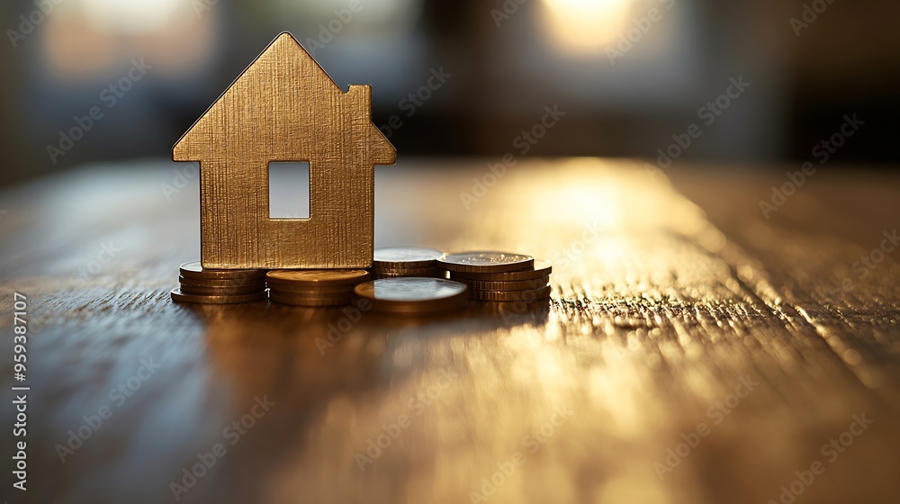 Poster Wood house and row of coin money on wood table and  selective focus Planning to buy property Choose whats the best A symbol for construction ecology loan concepts : Generative AI