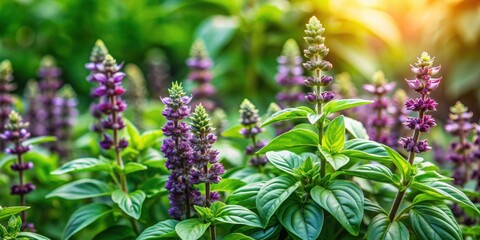 Green and violet basil plants blooming in the garden , basil, plants, blossoms, growing, fresh, spices, aromatic