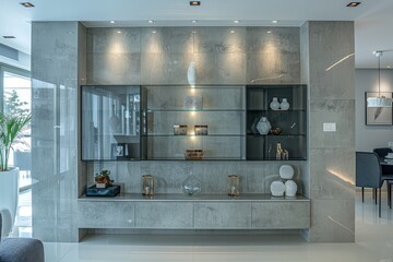 Modern wall unit with glass cabinet, white and grey high gloss concrete panels, in stylish living room interior.