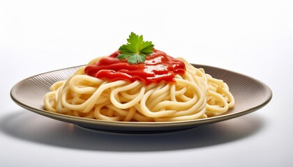 Udon with red sauce on white background isolated
