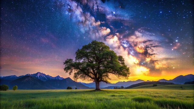 Viejo roble en un hermoso prado al anochecer con las monta?as y la v?a l?ctea al fondo, roble, prado, anochecer