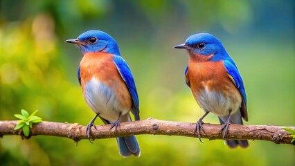 Two beautiful blue birds sitting on a tree branch , wildlife, nature, colorful, feathers, avian, vibrant, perched