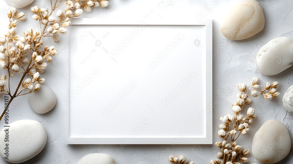Leinwandbilder empty photo frame with a dry flower surrounded by stones on a light background : generative ai