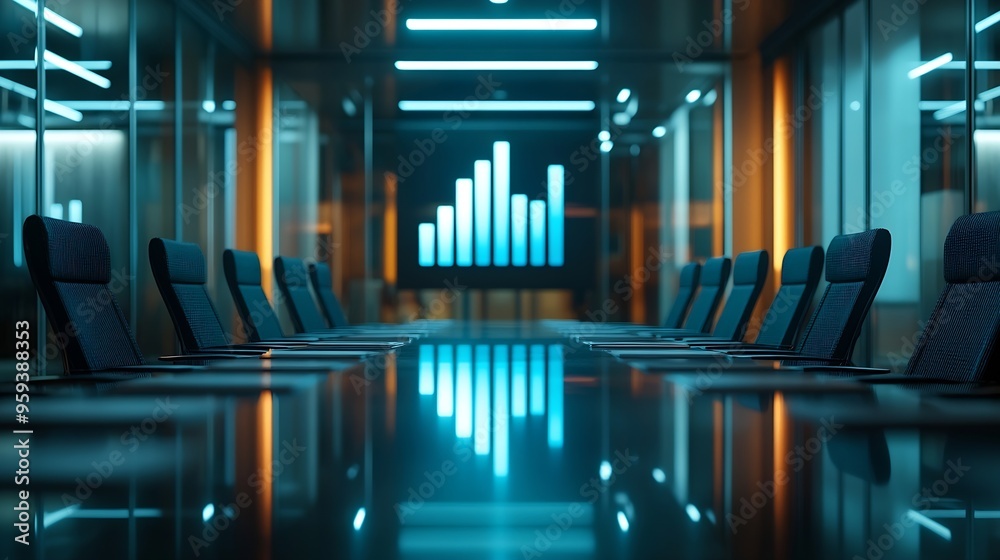 Fototapete Image of bar graph representing growth over empty chairs and table arranged in conference room Digital composite business report chart profit progress furniture meeting office : Generative AI