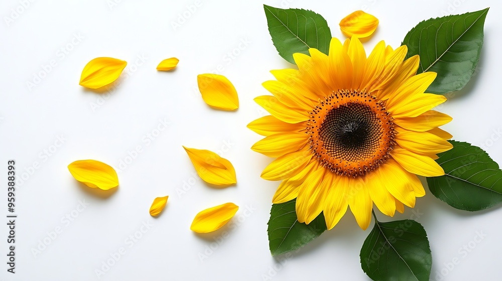 Poster yellow sunflower flower leaf and petals isolated on white background flower in summer garden composi