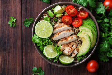 A vibrant healthy salad bowl with quinoa, chicken, tomatoes, and avocado arranged beautifully on a wooden surface
