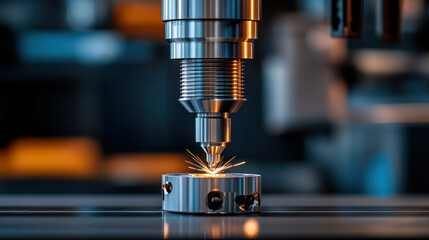 Detailed view of a CNC machine in action, producing sparks as it drills metal in a manufacturing process.