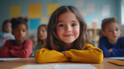 Group of elementary school kids stand around a table in a classroom attentively following a lesson being taught by their teacher Young students engaging in a fun activity of colouring  : Generative AI