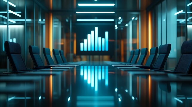 Image of bar graph representing growth over empty chairs and table arranged in conference room Digital composite business report chart profit progress furniture meeting office : Generative AI