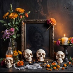 Altar with skull, flowers and candles as an offering for the Day of the Dead celebration with an empty photo frame, mockup, Halloween, copy space