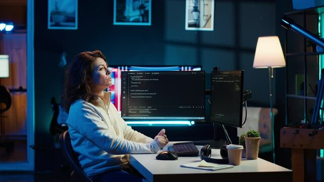 IT specialist working from home, testing and deploying programs using augmented reality. Programmer checking code on computer monitor and AR visualization, sitting at desk chair in apartment, camera A