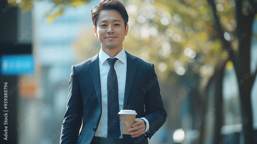 Aufkleber skilled business man walking in suit outfit while holding coffee cup professional manager standing n