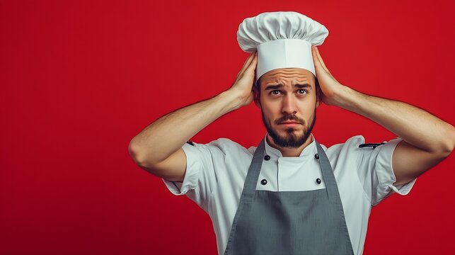 Young dissatisfied housewife housekeeper chef cook baker man in grey apron work at table with grill kitchenware scratch hold head isolated on plain red background studio Process cookin : Generative AI