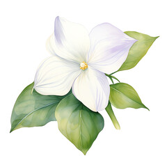 Fototapeta premium Elegant white flower with green leaves, isolated on a white background, perfect for floral designs and nature art.