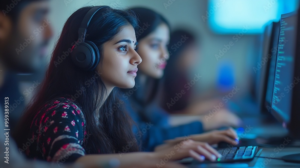 Poster Diverse Young Indian Colleagues Working on Computers in a Research Laboratory Focus on Female Software Developer Colleague Working on a Solution for Their Collaborative Industrial Tech : Generative AI