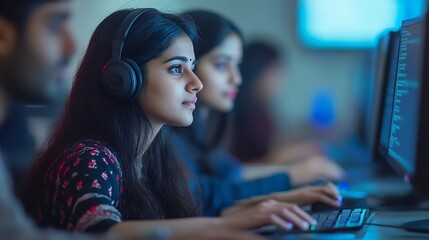 Diverse Young Indian Colleagues Working on Computers in a Research Laboratory Focus on Female Software Developer Colleague Working on a Solution for Their Collaborative Industrial Tech : Generative AI